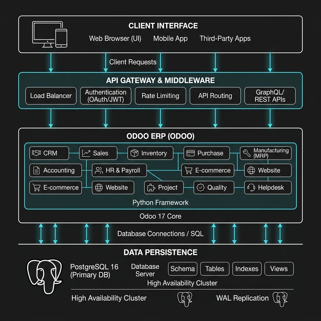 Hedonist Solutions custom ERP architecture diagram. Outlines integration between clients, REST middleware, Python Odoo logic, and PostgreSQL database servers.